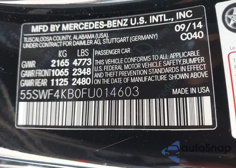 2015 Mercedes-Benz C 300 4Matic/Luxury 4Matic/Sport 4Matic from USA, damaged, VIN 55SWF4KB0FU014603